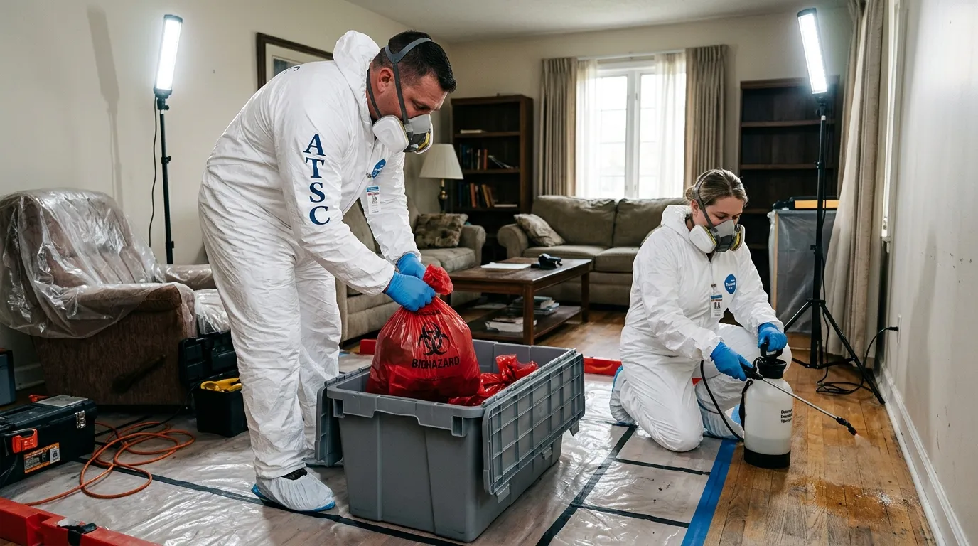 Professional Biohazard Cleanup technician in full PPE working in Gold Canyon